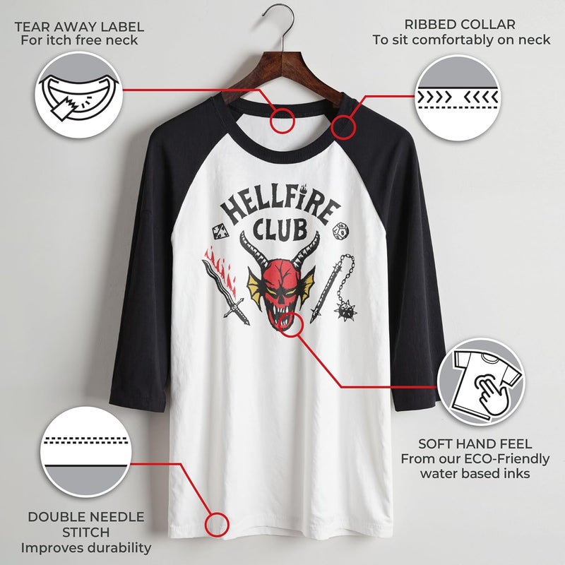 Stranger Things Fifth Sun Mens Hellfire Club 3/4 Sleeve Raglan Tee - Image 3